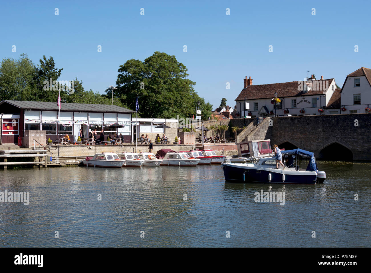 View across River Thames to Annie`s Tea Room, Abingdon-on-Thames, Oxfordshire, England, UK Stock Photo